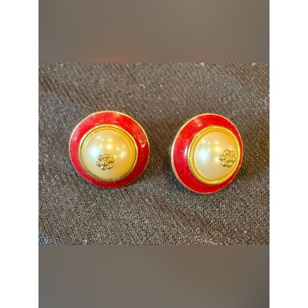Gold-Tone Faux Pearl Button Earrings with Red Enamel Ring